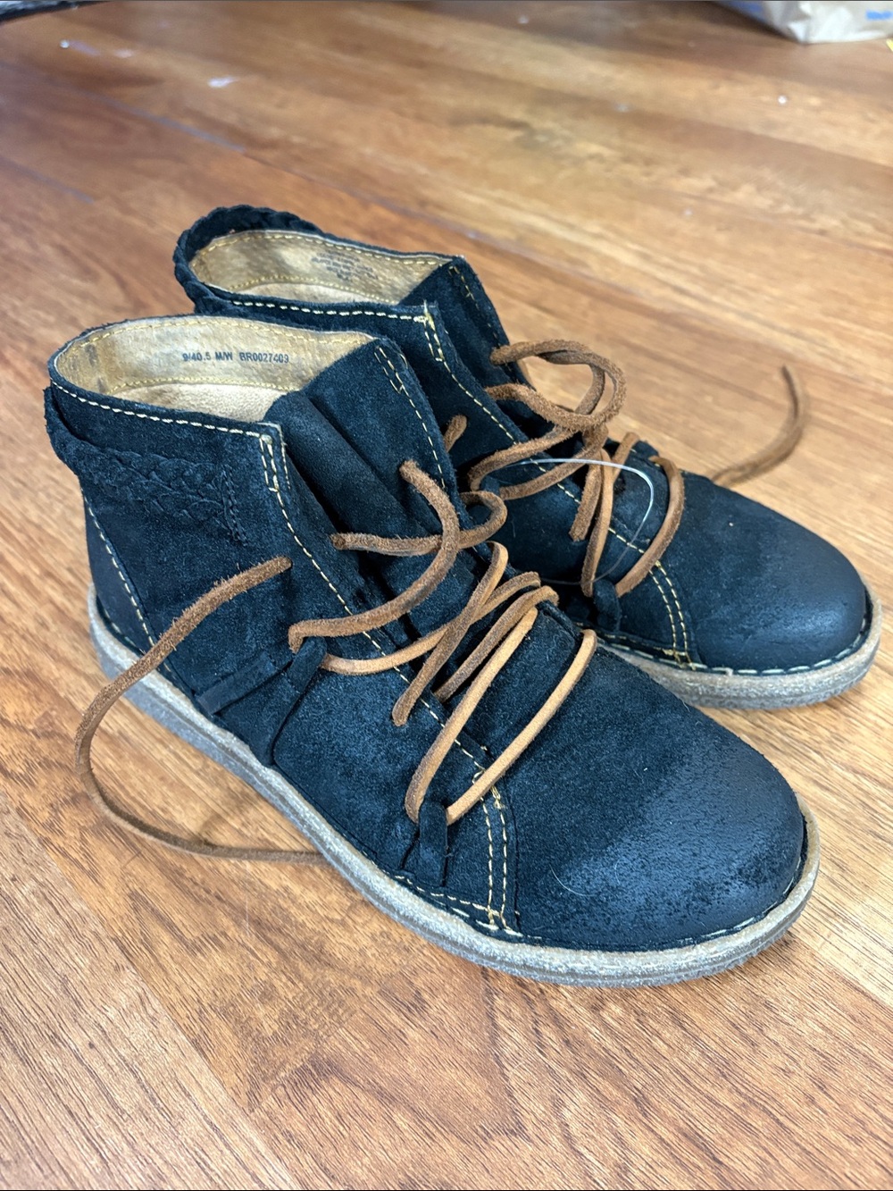 Born Black Suede Moccasin-Style Ankle Boots with Brown Laces
